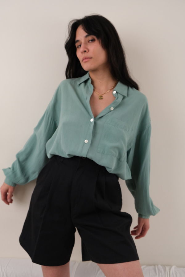 Hermine Vintage 90s Sage Silk Button Up Blouse - Green