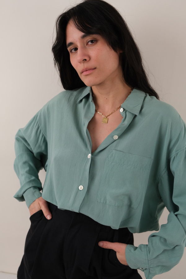 Hermine Vintage 90s Sage Silk Button Up Blouse - Green