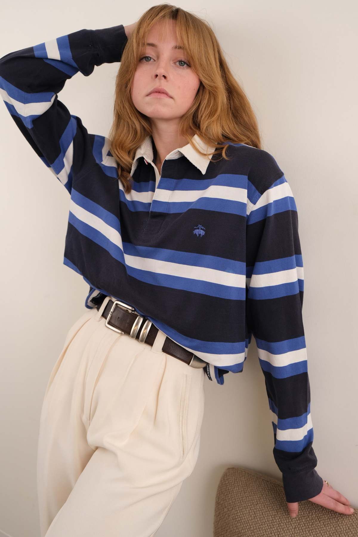 Hermine Vintage Fountain Ink Brooks Brothers Cotton Striped Rugby Shirt Top - Blue - Image 1 of 4
