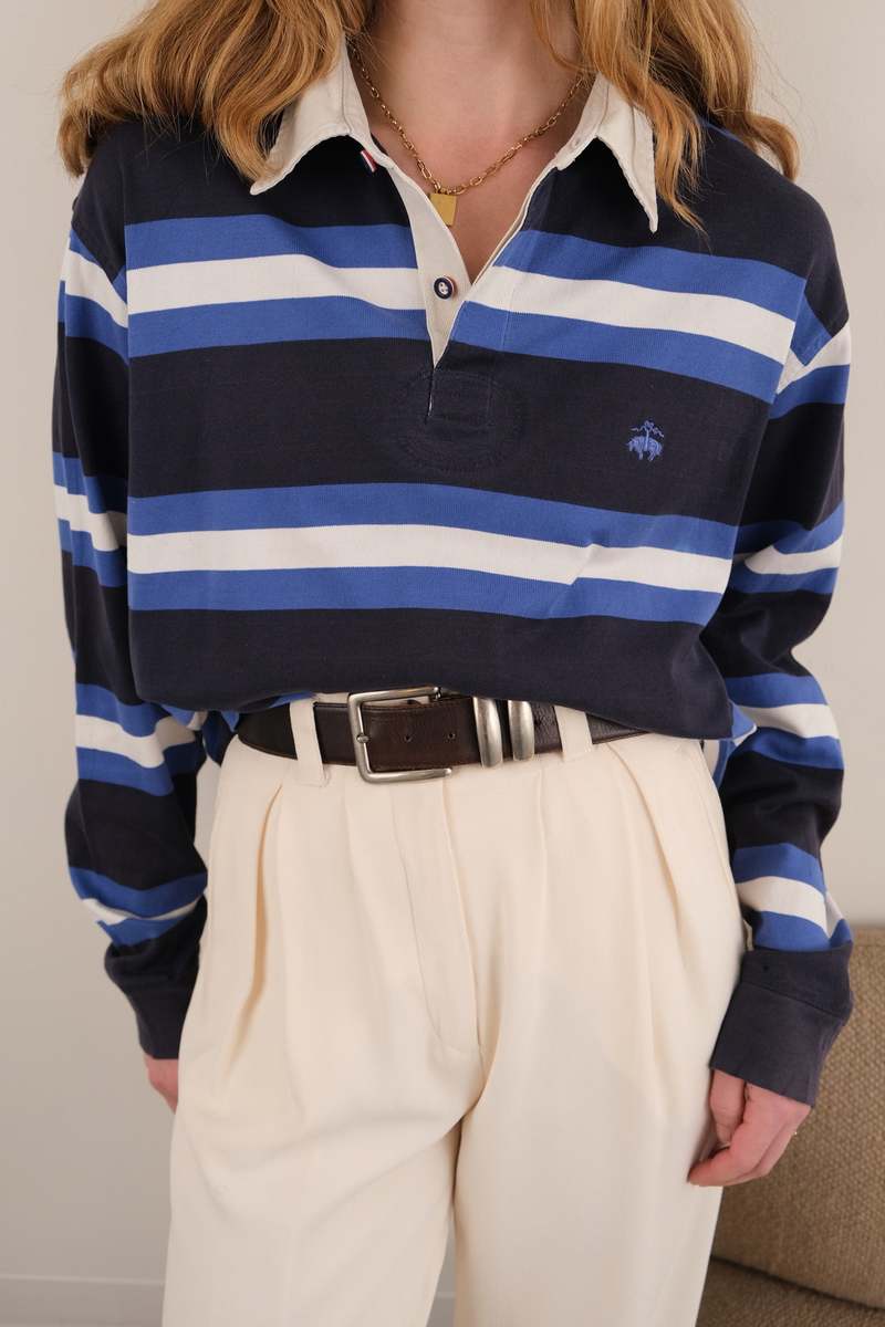 Hermine Vintage Fountain Ink Brooks Brothers Cotton Striped Rugby Shirt Top - Blue