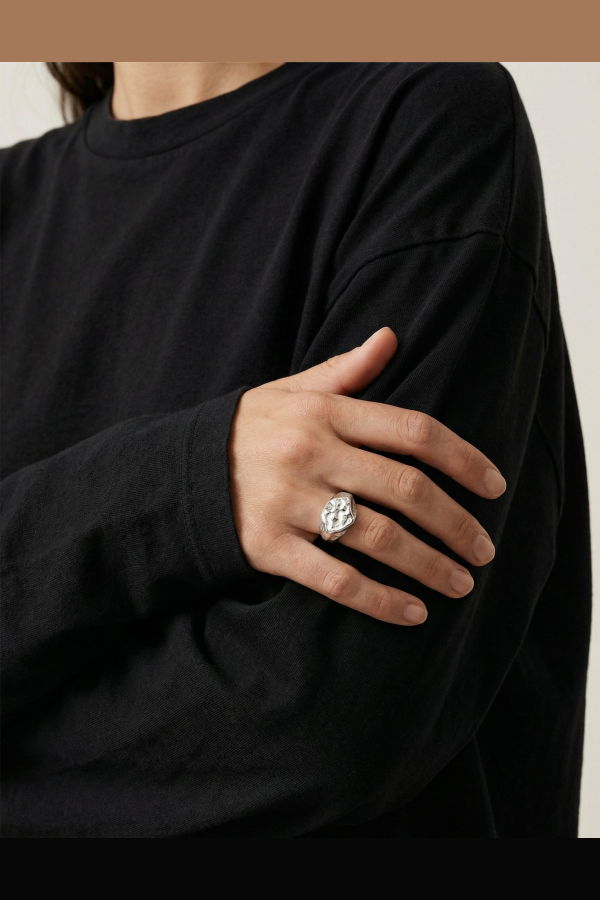 llayers Scoria Hexagonal Molten Signet Ring - Silver