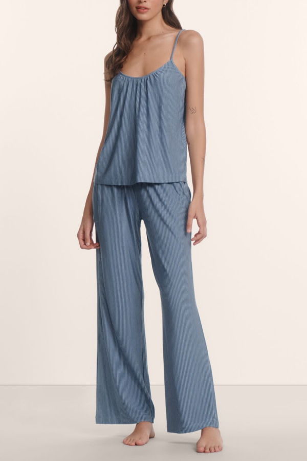Eberjey Gisele Printed Cami Pant PJ Set - Duo Stripe Slate Blue/ Ivory