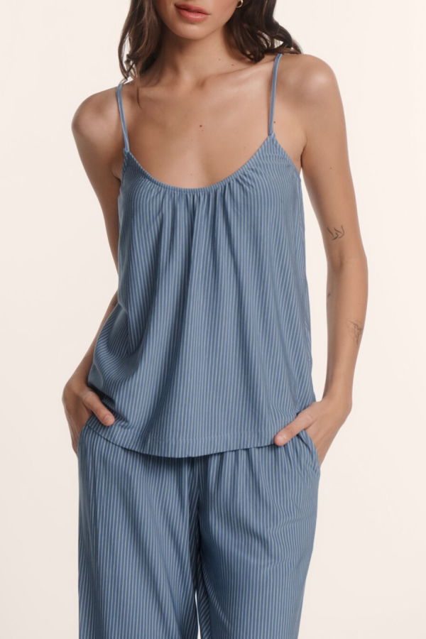 Eberjey Gisele Printed Cami Pant PJ Set - Duo Stripe Slate Blue/ Ivory