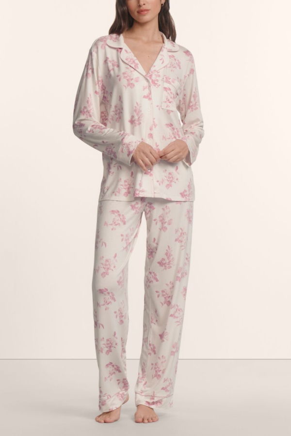 Eberjey Gisele Printed Long PJ Set - Rose Garden Cameo Pink/Pale Pink