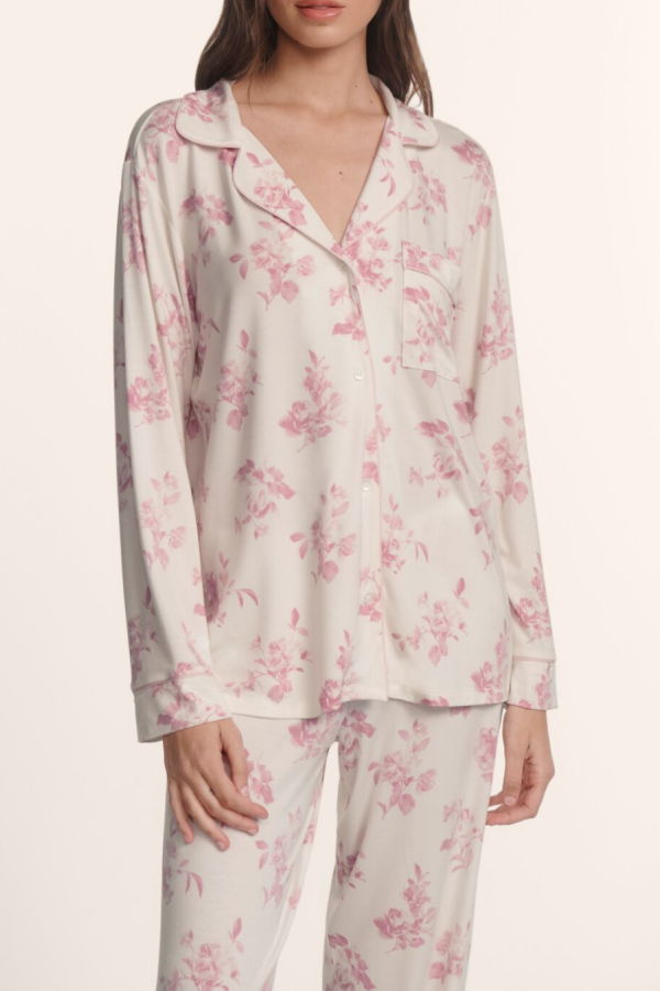Eberjey Gisele Printed Long PJ Set - Rose Garden Cameo Pink/Pale Pink