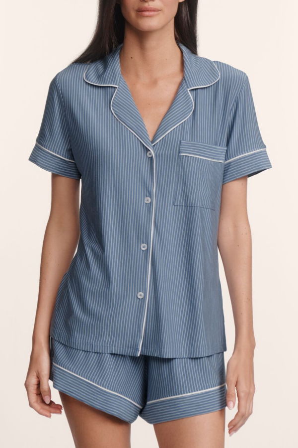Eberjey Gisele Printed Relaxed Short Pajama Set - Duo Stripe Slate Blue/Ivory