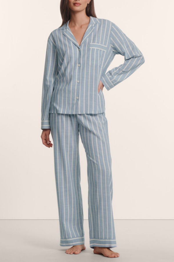 Eberjey Nautico Long Pajama Set - Classic Stripe Slate Blue/Ivory