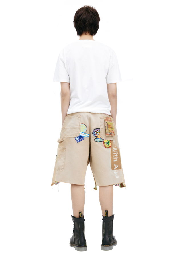 Better With Age Denim Shorts With Patches - Beige