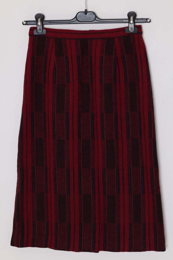 (Unattributed) Circa 19751985, wool plaid day skirt, A-line structure, small-scale manufacture