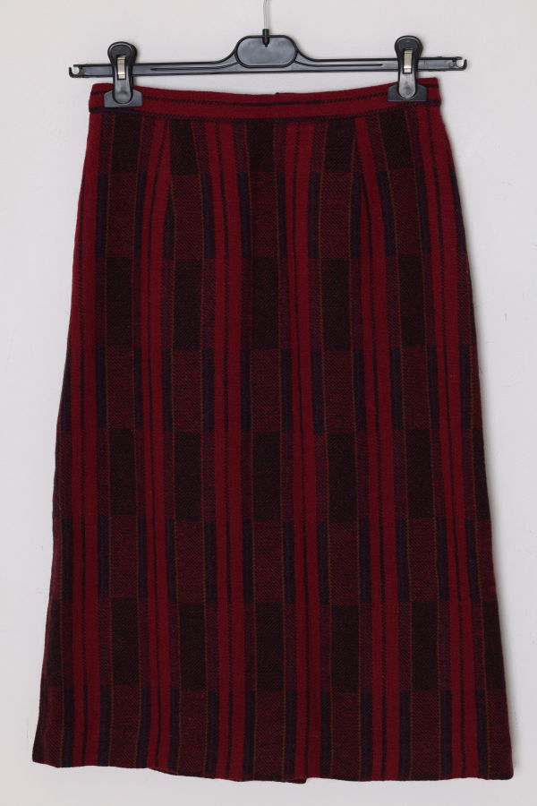 (Unattributed) Circa 1975–1985, wool plaid day skirt, A-line structure, small-scale manufacture