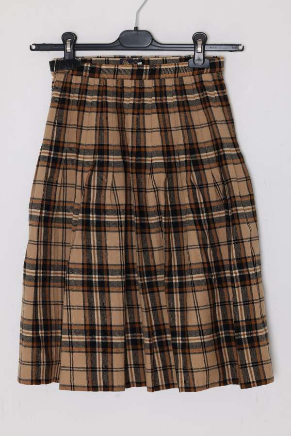 The London House (England) Circa 19751990, wool tartan skirt, British manufacture, knife pleats