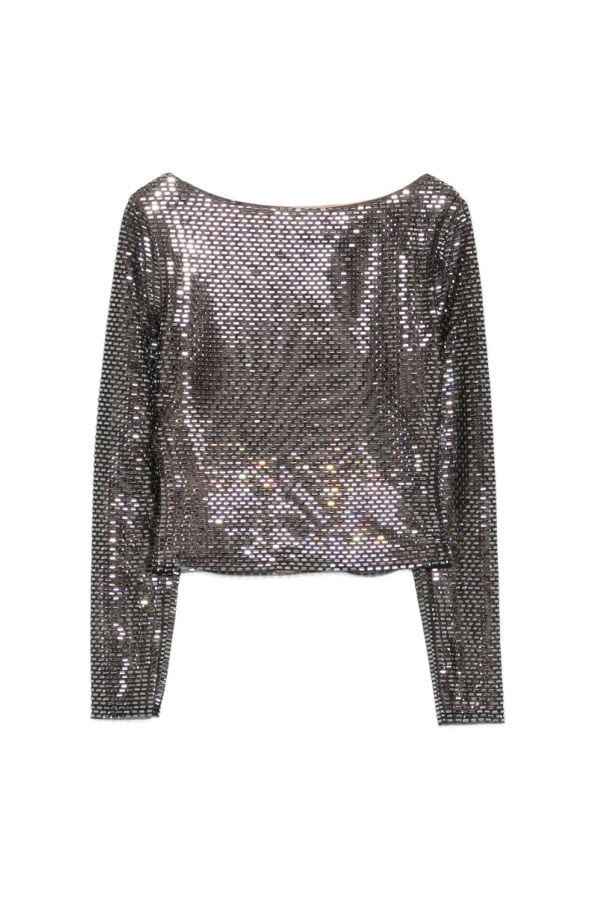 Self-Portrait Embellished Round Neck Long Sleeve Blouse - Black