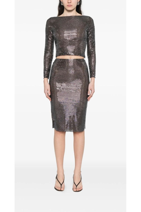 Self-Portrait Embellished Round Neck Long Sleeve Blouse - Black