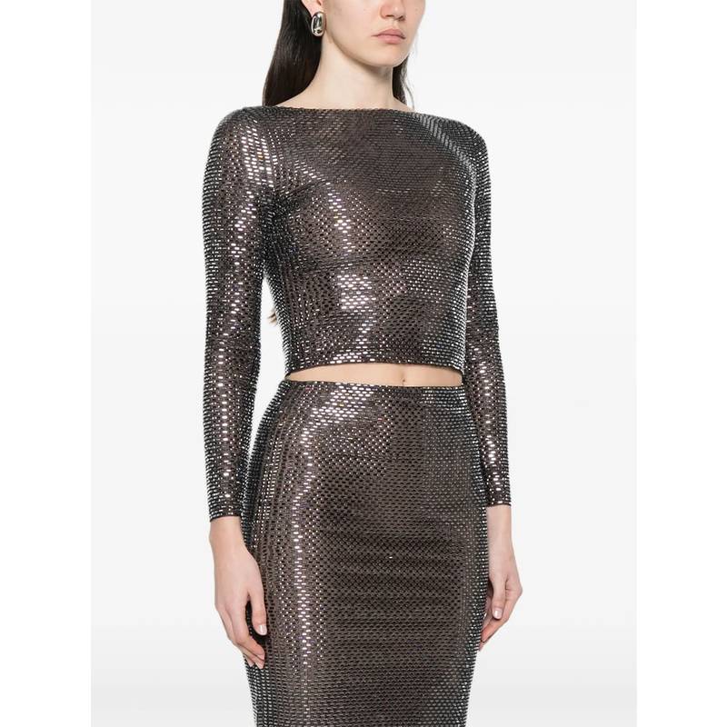 Self-Portrait Embellished Round Neck Long Sleeve Blouse - Black