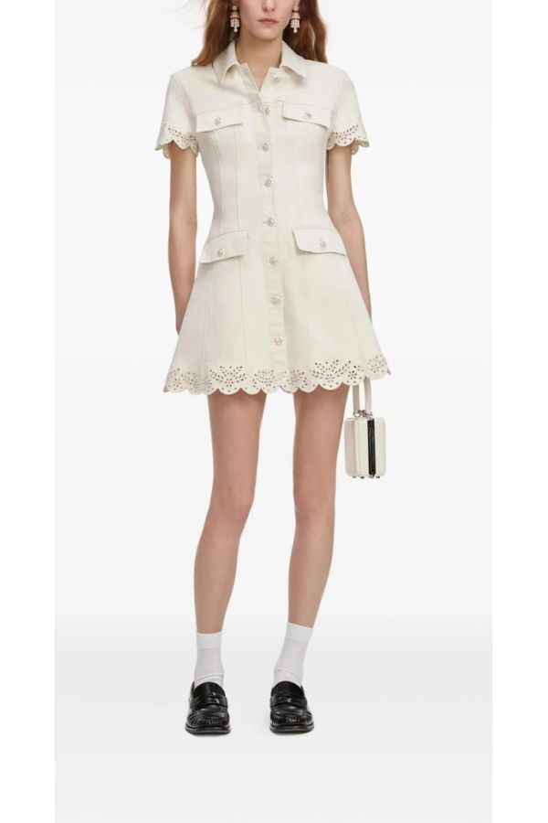 Self-Portrait Scalloped Trim Point Collar Short Sleeve Dress - White