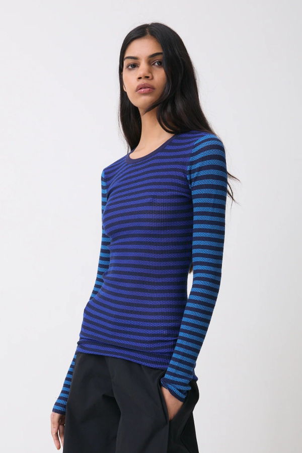 PEACHY DEN The Elise Striped Long Sleeve Top - Navy