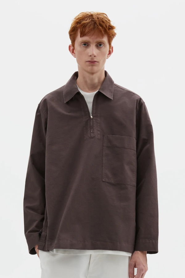 Margaret Howell Long Sleeve Half Zip Pull On Cotton Canvas Shirting Shirt