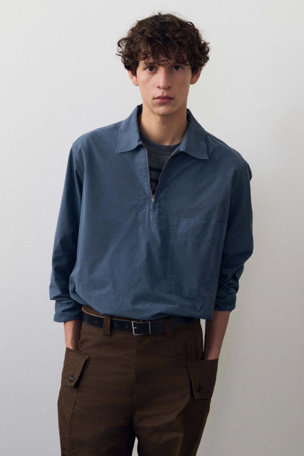 Margaret Howell Long Sleeve Half Zip Pull On Shirt Sanded Cotton Poplin