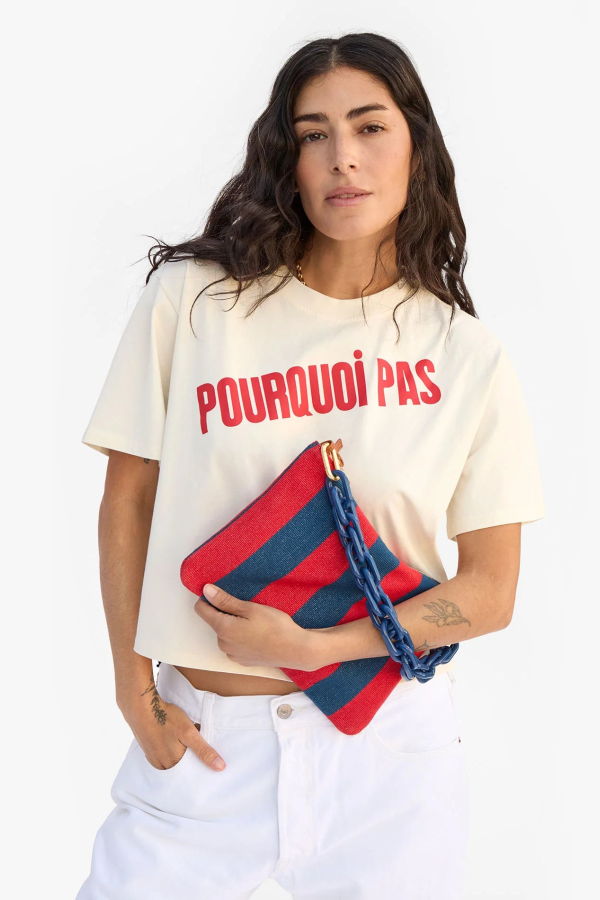 Clare V. Flat Clutch with Tabs Canvas Stripe