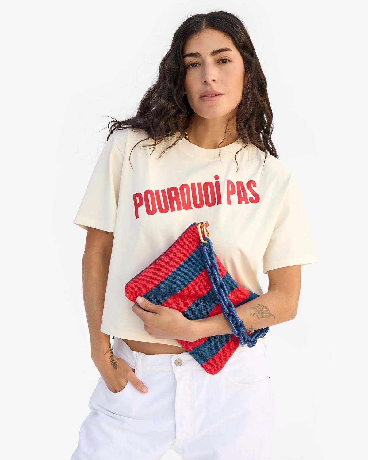 Clare V. Flat Clutch with Tabs Canvas Stripe - Image 2 of 3