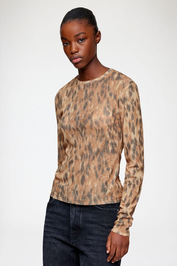 Ganni Printed Marl Mesh Long-Sleeve Top