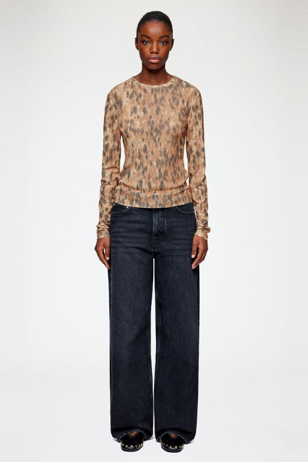 Ganni Printed Marl Mesh Long-Sleeve Top