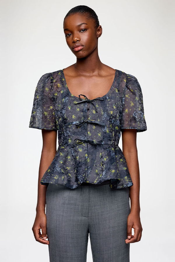Ganni Printed Shibori Organza Peplum Blouse