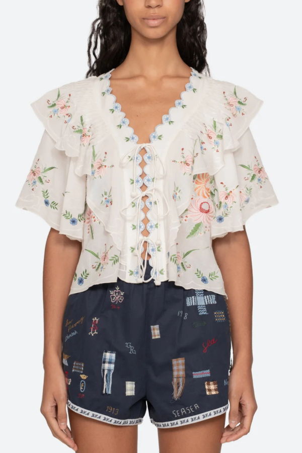 Sea NY Serafina Embroidery Short Sleeve Top - Cream