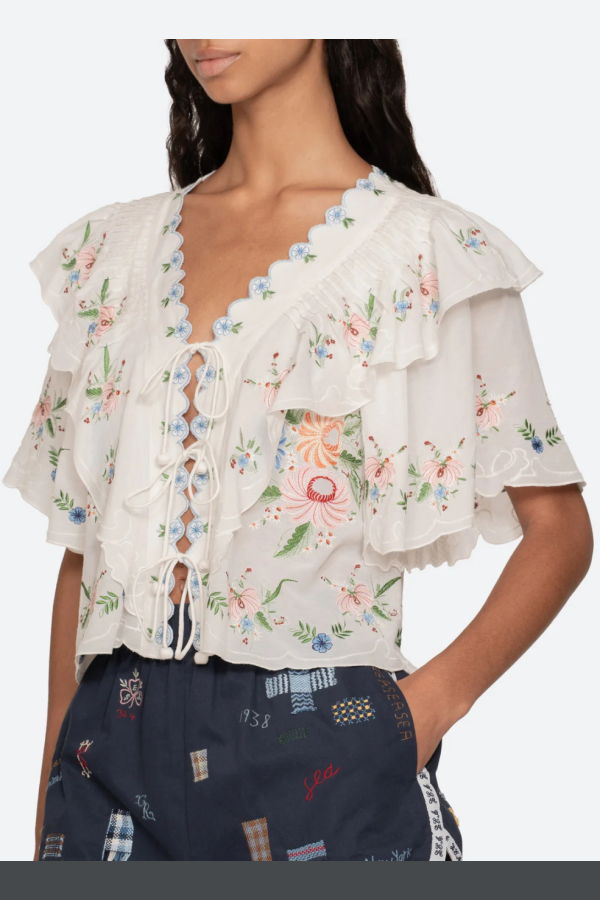 Sea NY Serafina Embroidery Short Sleeve Top - Cream
