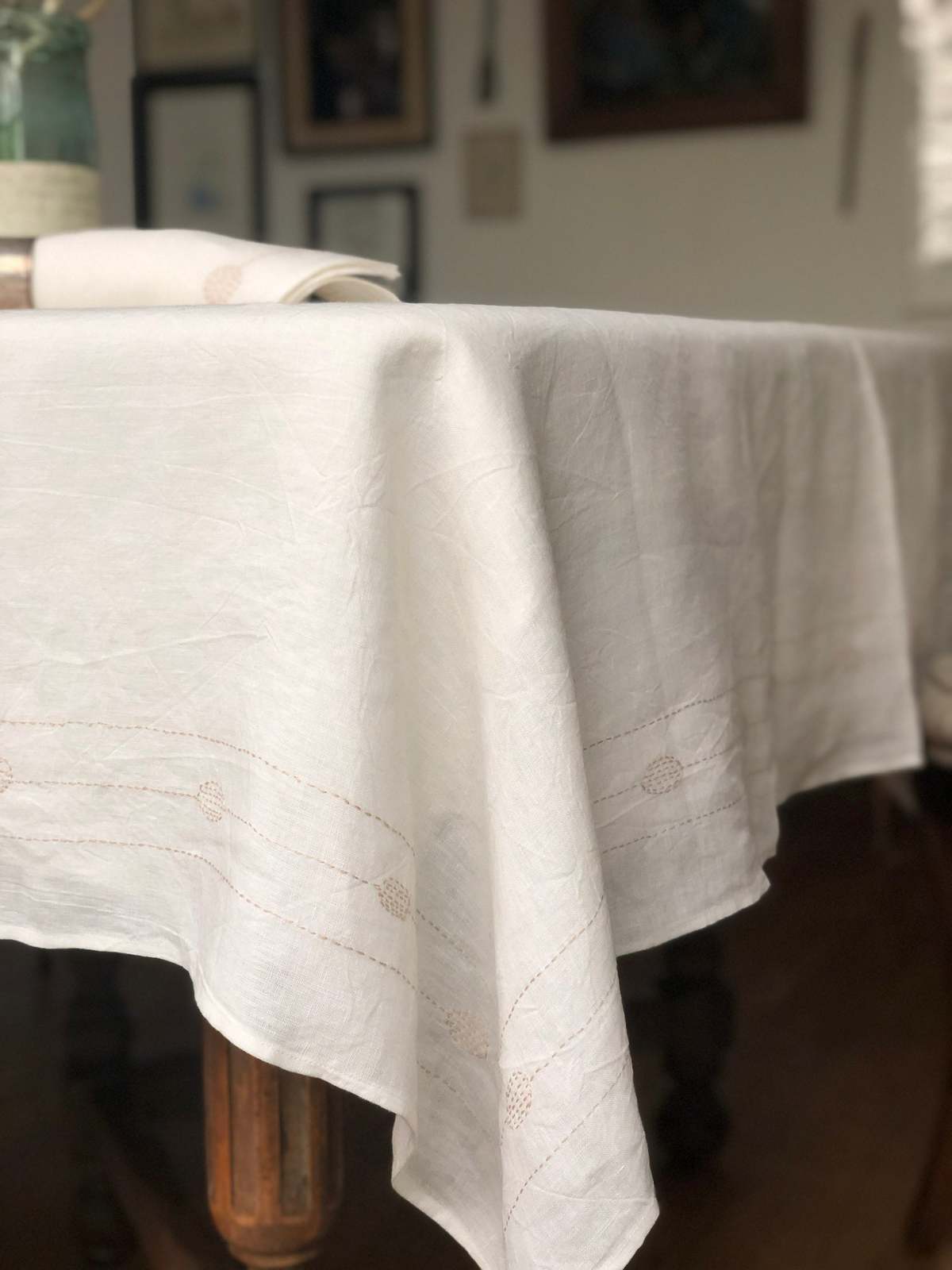 Erica Tanov Hand-embroidered Linen Square Totem Tablecloth - Soft White - Image 5 of 8
