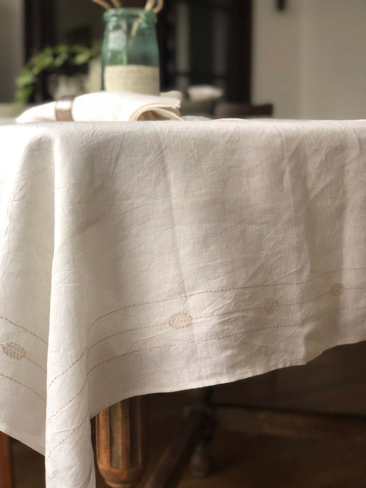 Erica Tanov Hand-embroidered Linen Square Totem Tablecloth - Soft White - Image 6 of 8