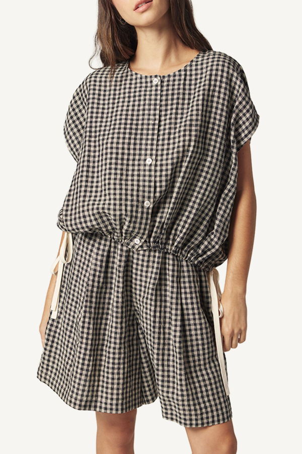 amente Gingham Drop Sleeve Button Top