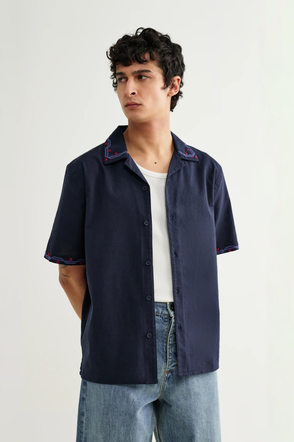 Wax London Didcot Cross-Stitch Border Short-Sleeve Shirt