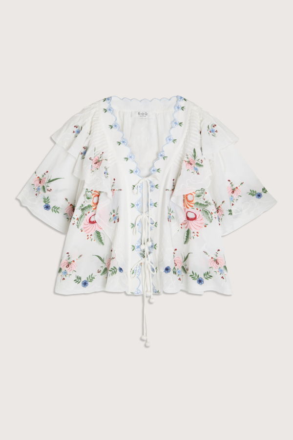 Sea NY Serafina Embroidered Front Tie Blouse - Cream