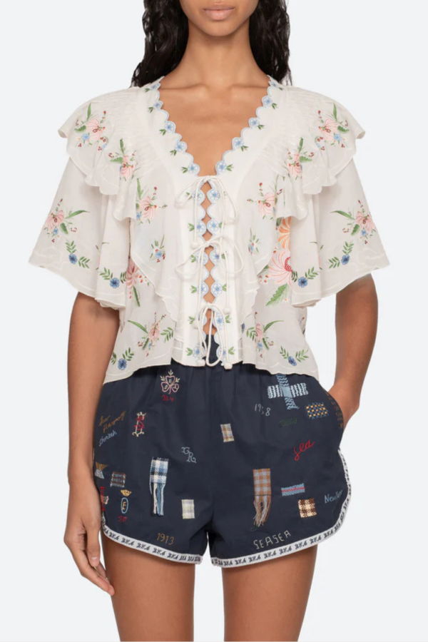Sea NY Serafina Embroidered Front Tie Blouse - Cream
