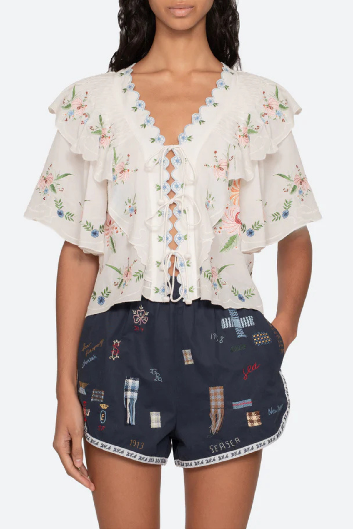 Sea NY Serafina Embroidered Front Tie Blouse - Cream - Image 2 of 4