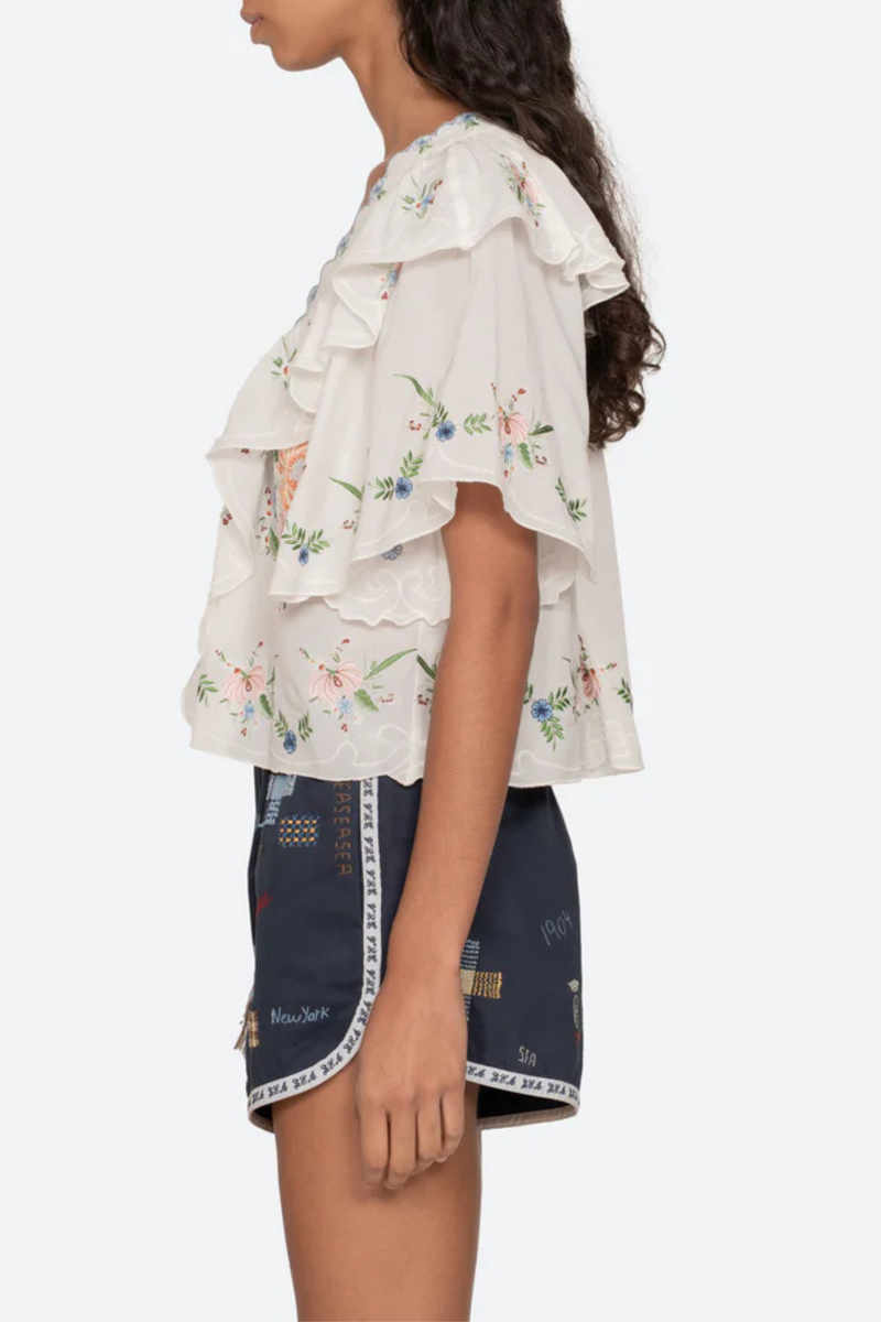 Sea NY Serafina Embroidered Front Tie Blouse - Cream