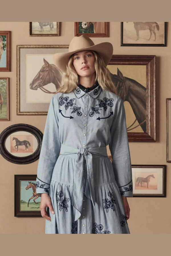 The Great. Chambray Embroidered Western Shirt