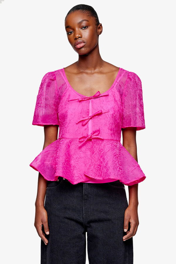 Ganni Printed Shibori Organza Peplum Blouse