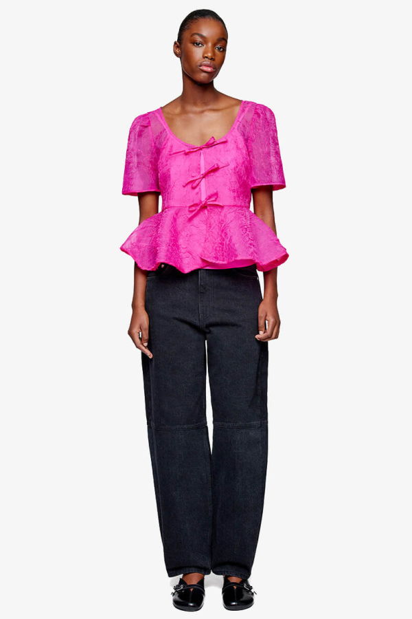 Ganni Printed Shibori Organza Peplum Blouse