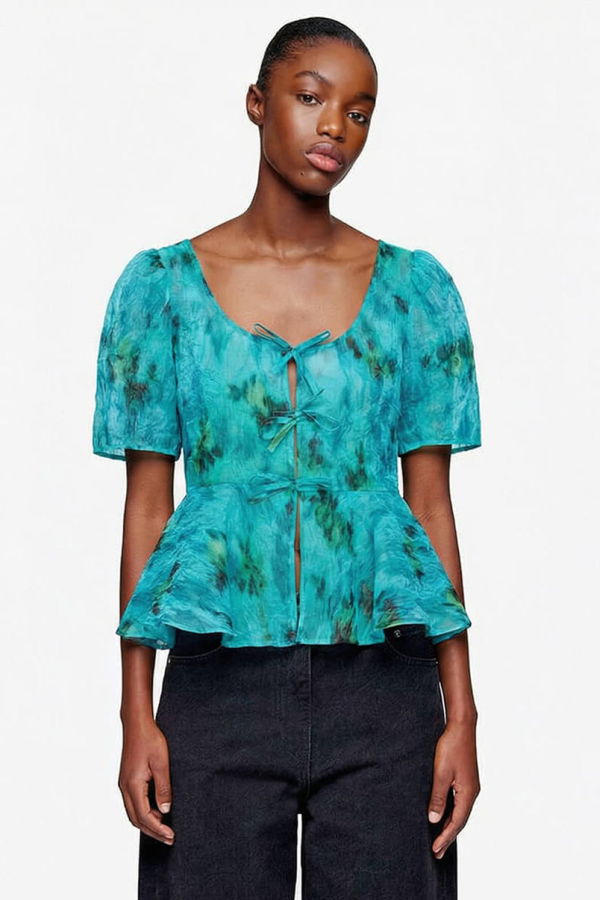 Ganni Printed Shibori Organza Peplum Blouse