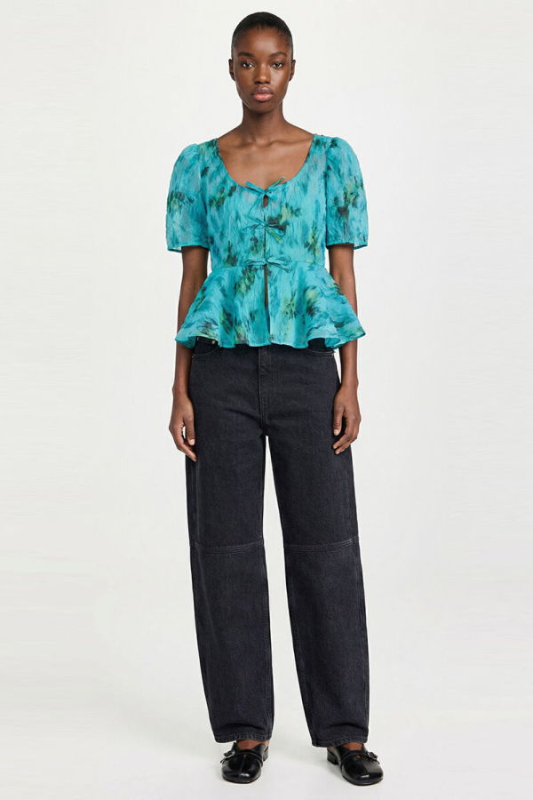 Ganni Printed Shibori Organza Peplum Blouse