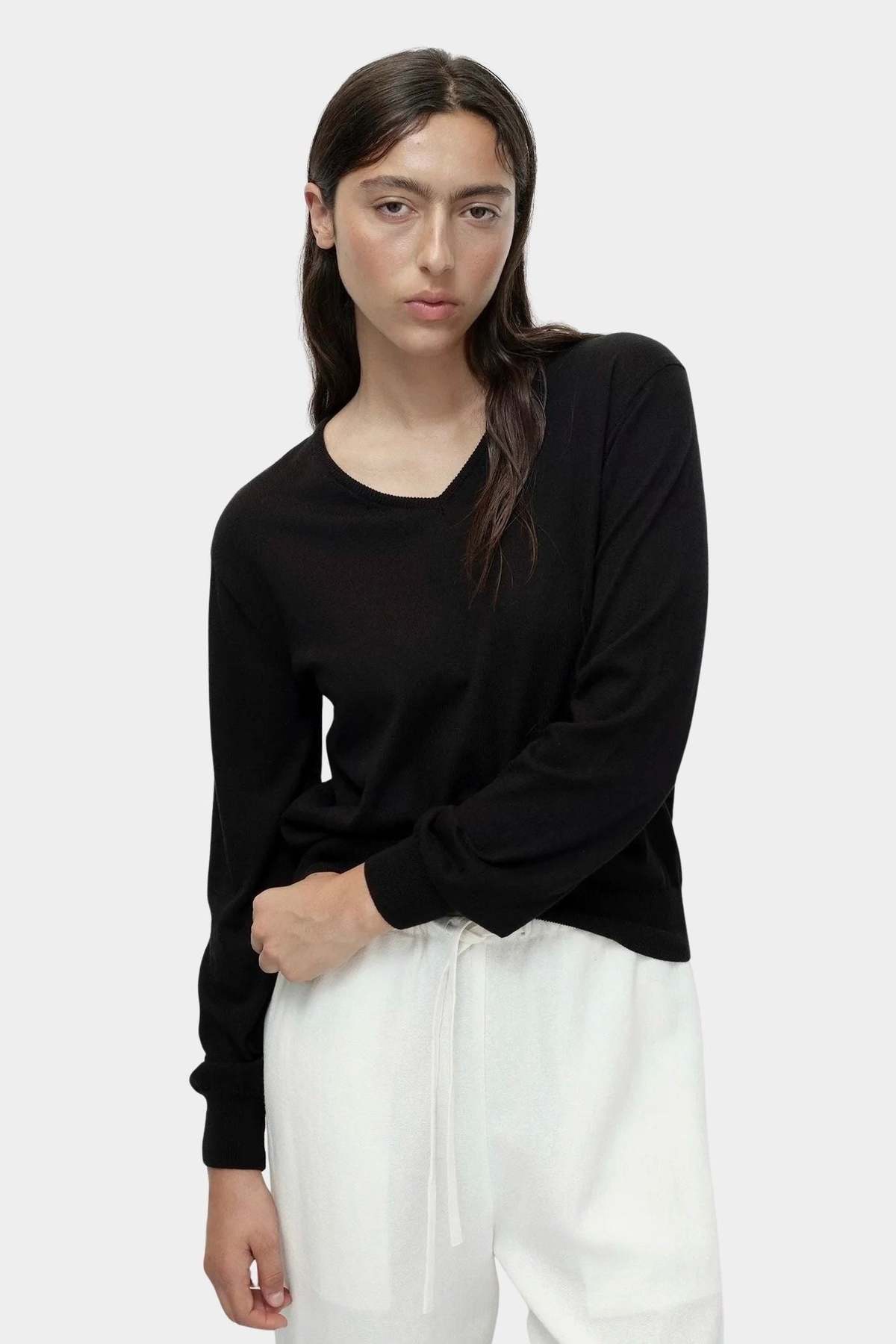 Mijeong Park Cotton Blend V-Neck Knit Top - Black - Image 1 of 6