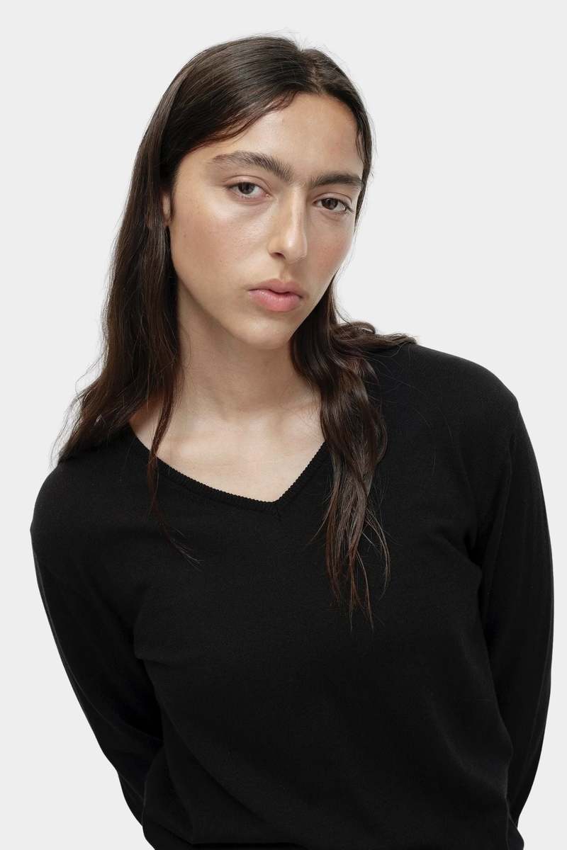 Mijeong Park Cotton Blend V-Neck Knit Top - Black