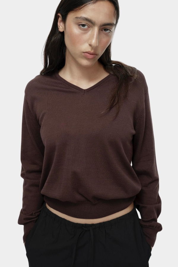 Mijeong Park Cotton Blend V-Neck Knit Top - Brown