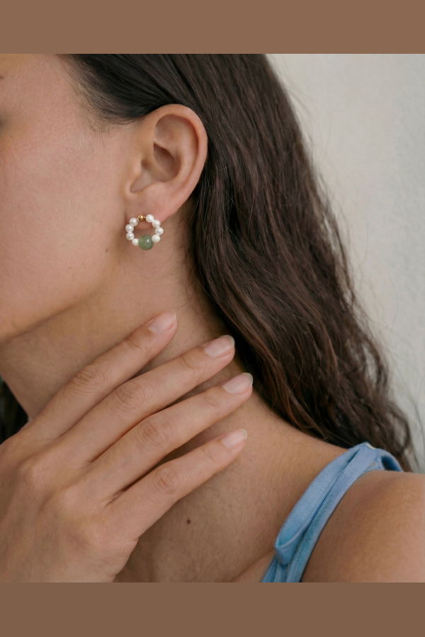 seree Isa Beaded Pearl Jade Hoop Earrings