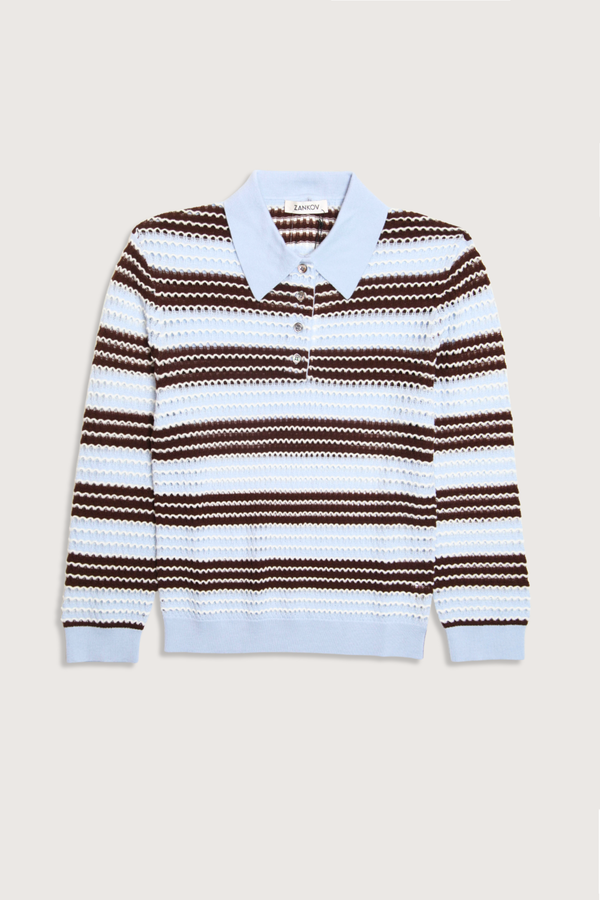 ZANKOV Pointelle Stripe Polo Sweater - Baby Blue