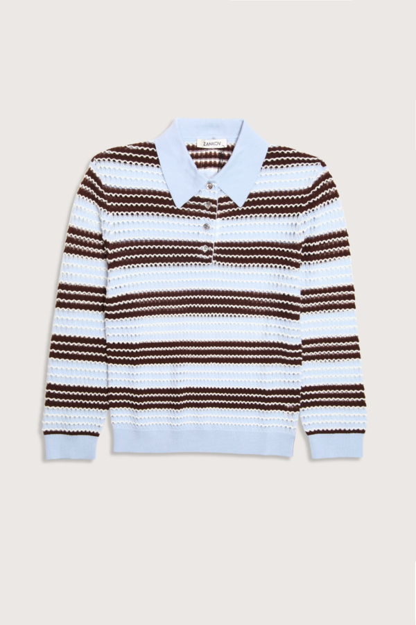 ZANKOV Pointelle Stripe Polo Sweater - Baby Blue