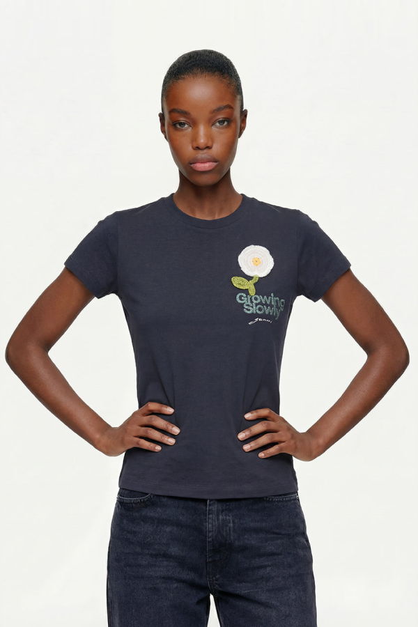 Ganni Cotton Jersey Baby Fit T-Shirt With Crochet Patch Top