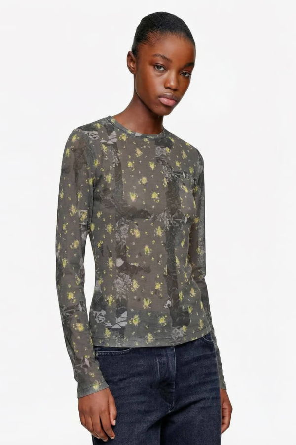 Ganni Printed Marl Mesh Long-Sleeve Top